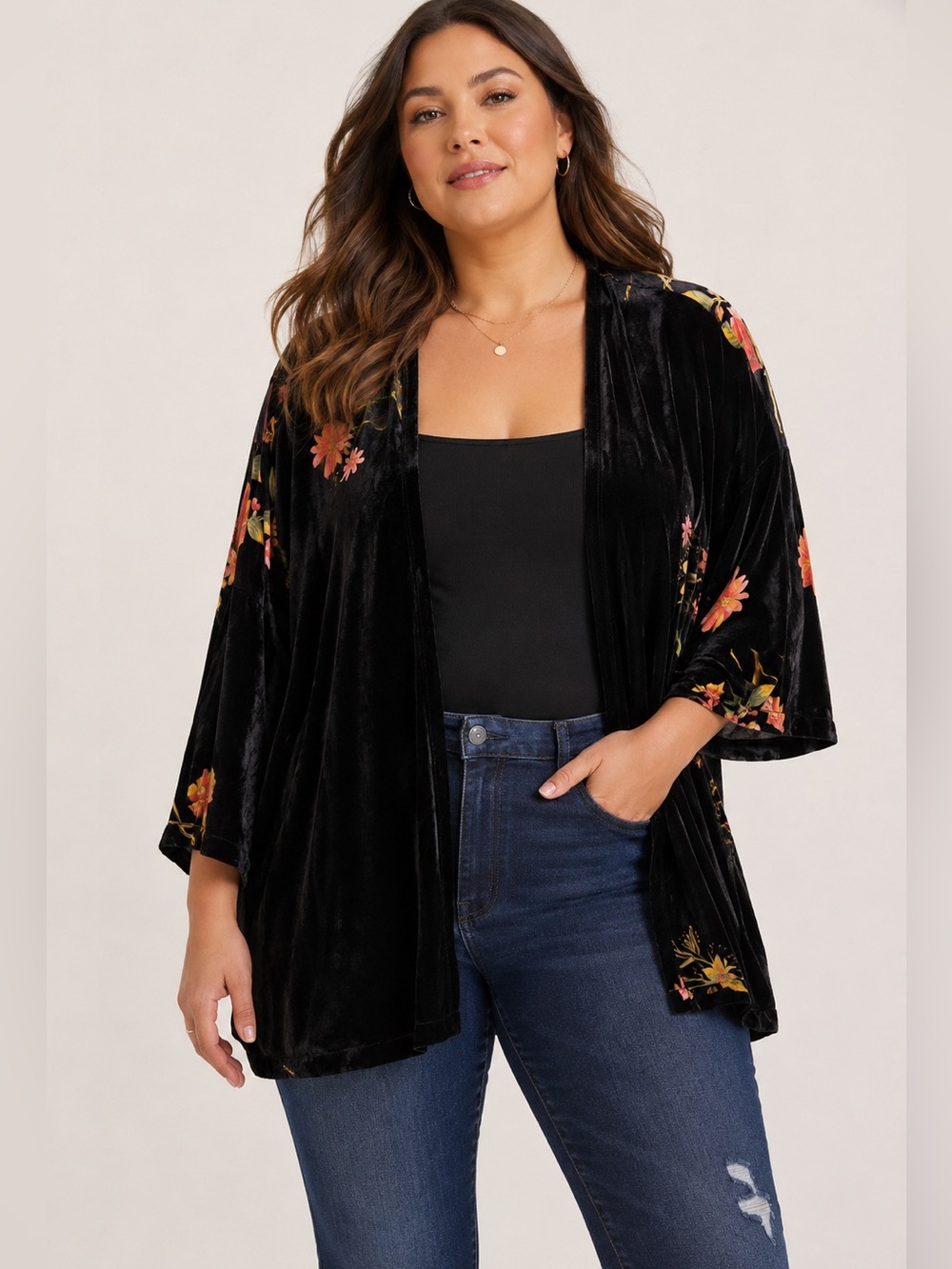 torrid Black Velvet Floral Open-Front Kimono Jacket Size 14-18